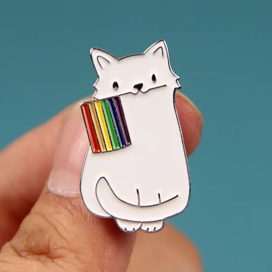 Rainbow White Cat enamel pin