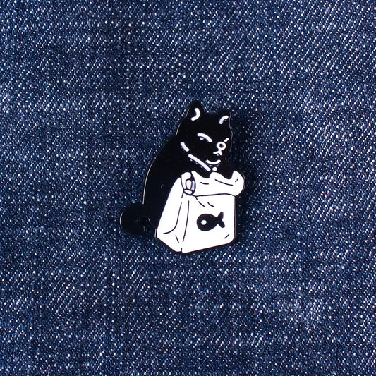 Cat with lunch bag enamel pin