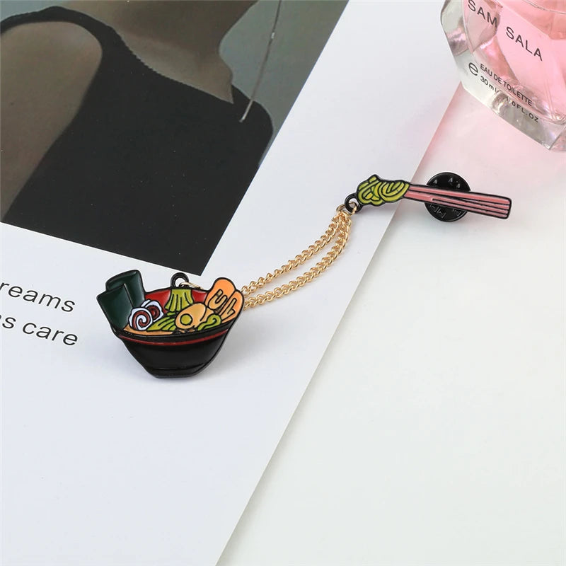 Ramen Noodles Bowl Chopsticks Chain Enamel Pin