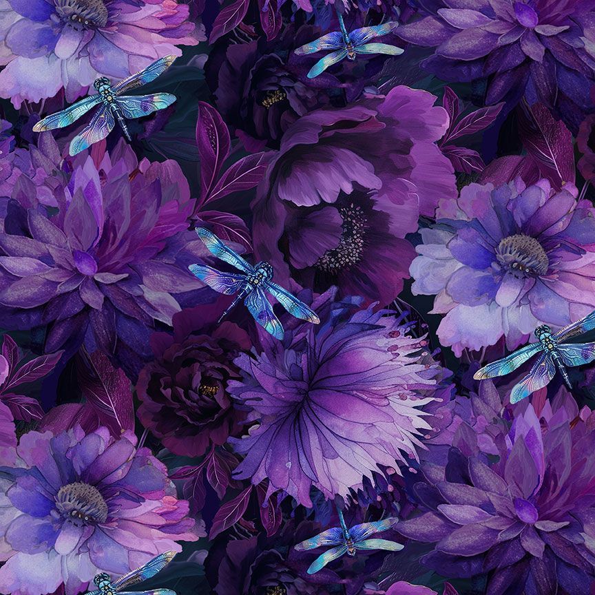 Wide Floral with Dragonflies - Purple