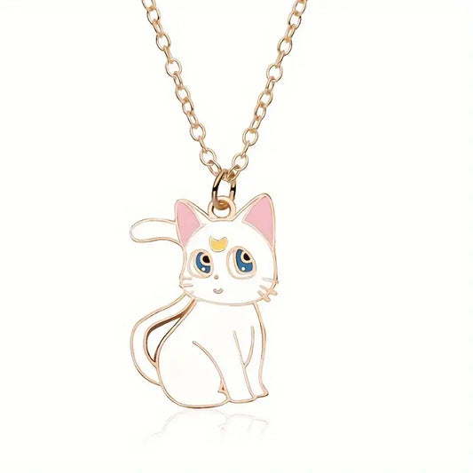 Cute White Cat Enamel Necklace