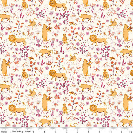 Pattern of lions, birds, and flowers on a white background with a fabric yardstick at the bottom.