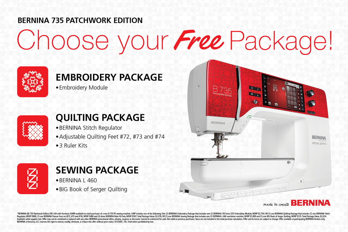 BERNINA 735 Patchwork Edition - Visit, call or email us for added discounts to our listed MSRP price!