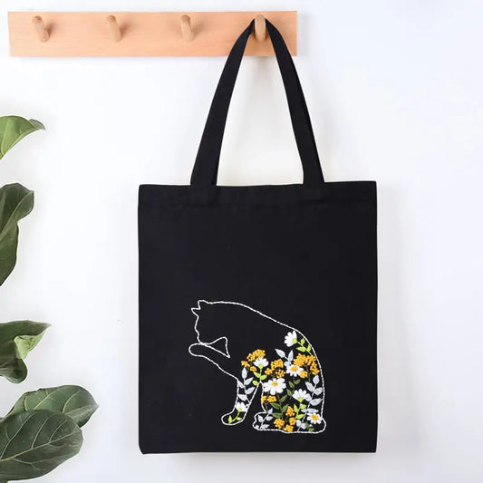 Floral Kitty Black Tote Bag Embroidery Kit