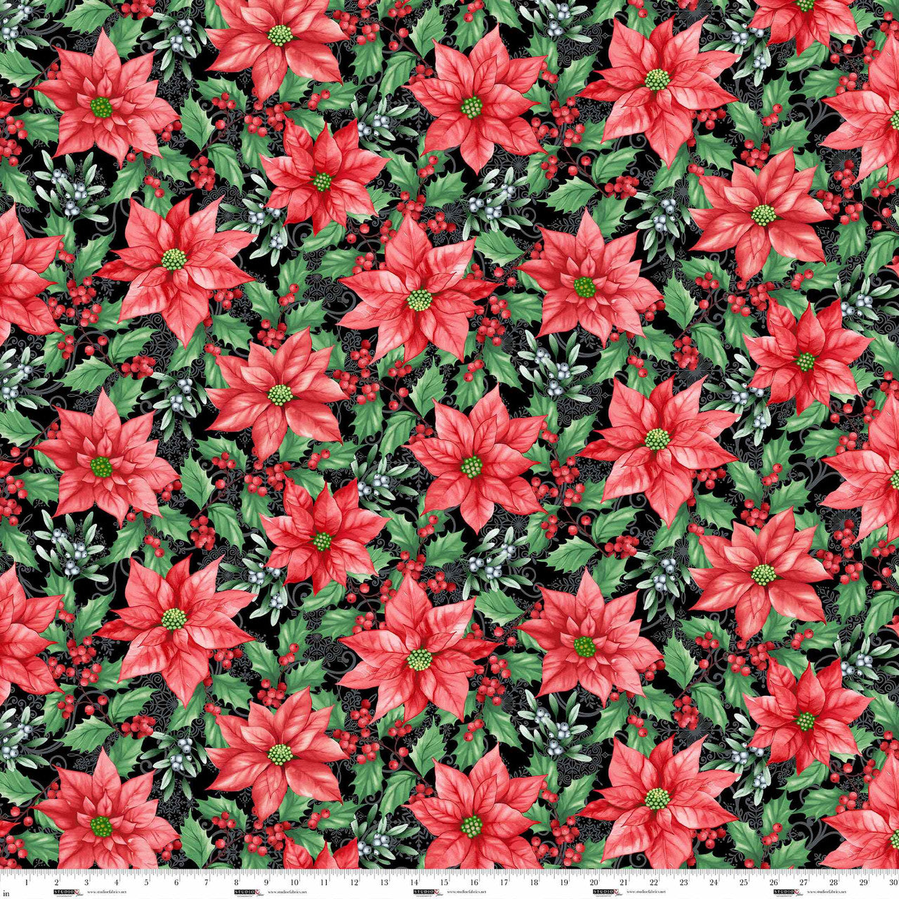 Blooms of the Holiday - Poinsettias - Black Multi
