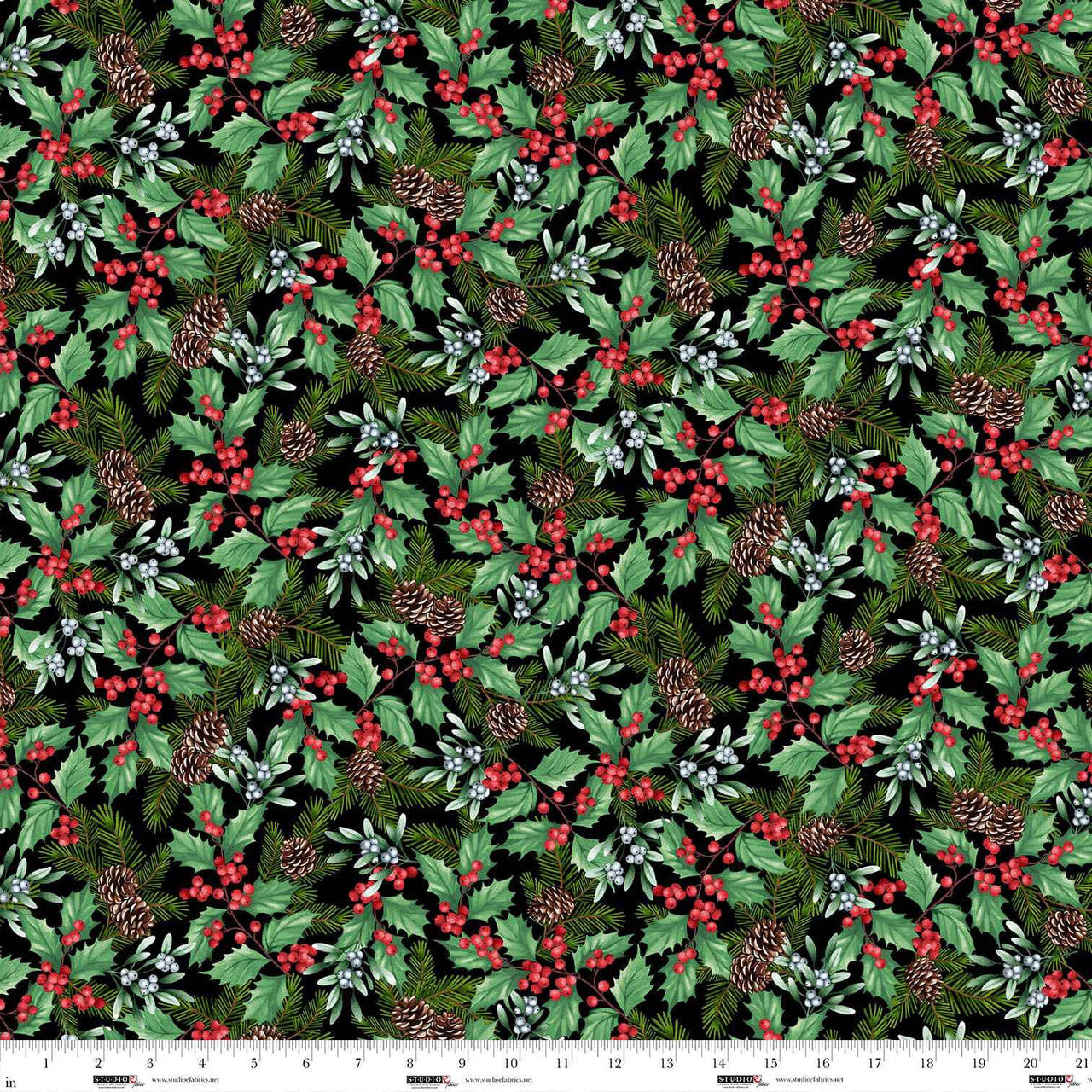 Blooms of the Holiday - Holly Berries & Mistletoe - Black Multi