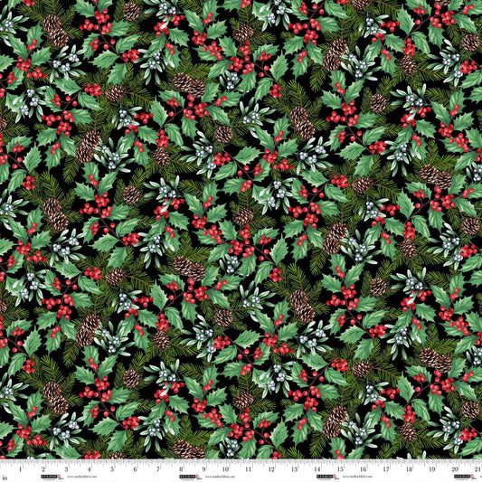 Blooms of the Holiday - Holly Berries & Mistletoe - Black Multi
