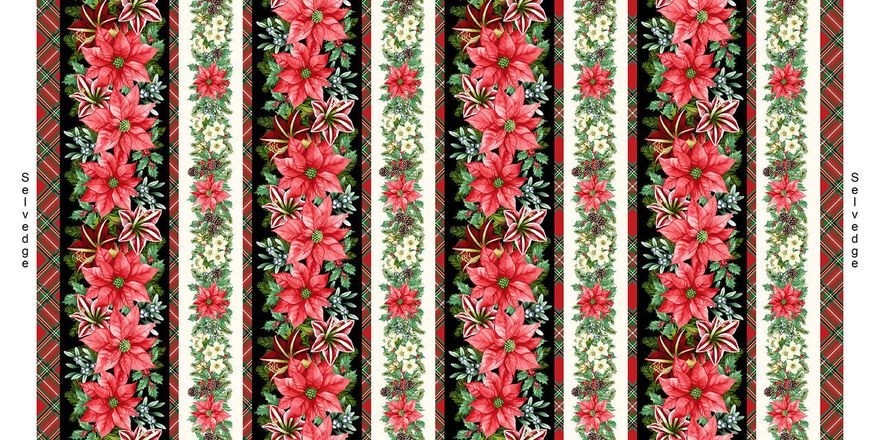 Blooms of the Holiday - Border Stripe - Black Multi