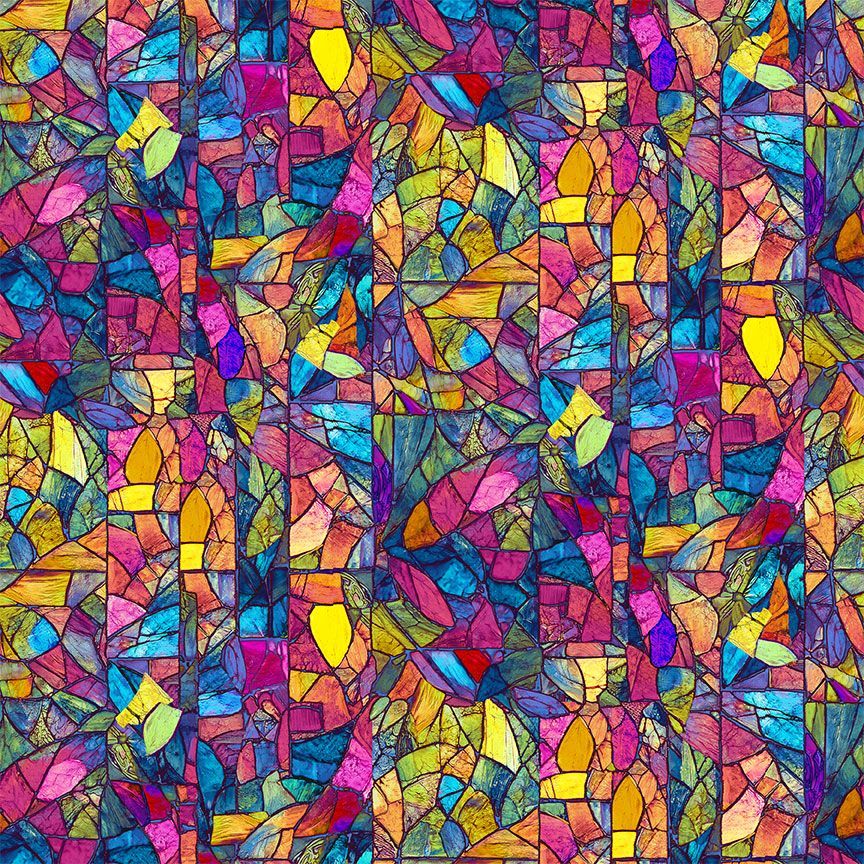 Bright pink, blue, yellow, orange and green irregular shapes outlined in black, resembling stained glass.