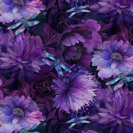 Wide Floral with Dragonflies - Purple