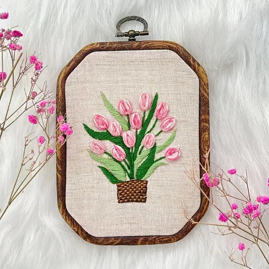 Tulip Embroidery Kit with wooden Octagonal Frame