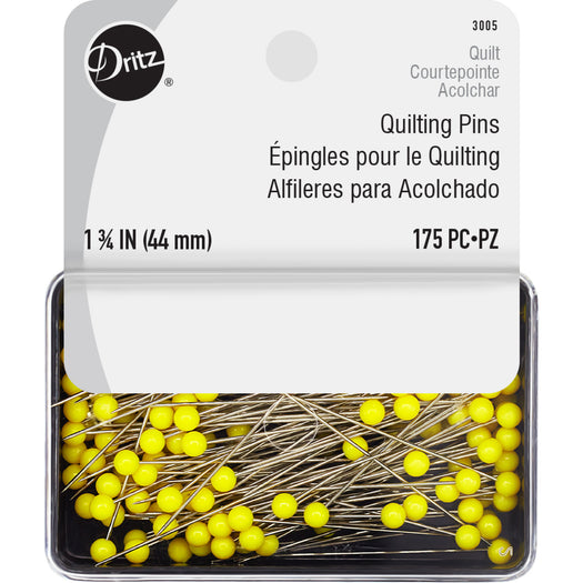 Dritz - 1-3/4" Quilter's Pins with Reusable Storage Box, 175 Count, Yellow, Extra-Long Steel