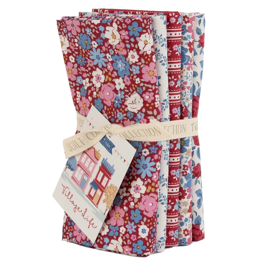 Tilda Village Life Burgundy Fat Quarter Bundle 5pc (21" x 19")
